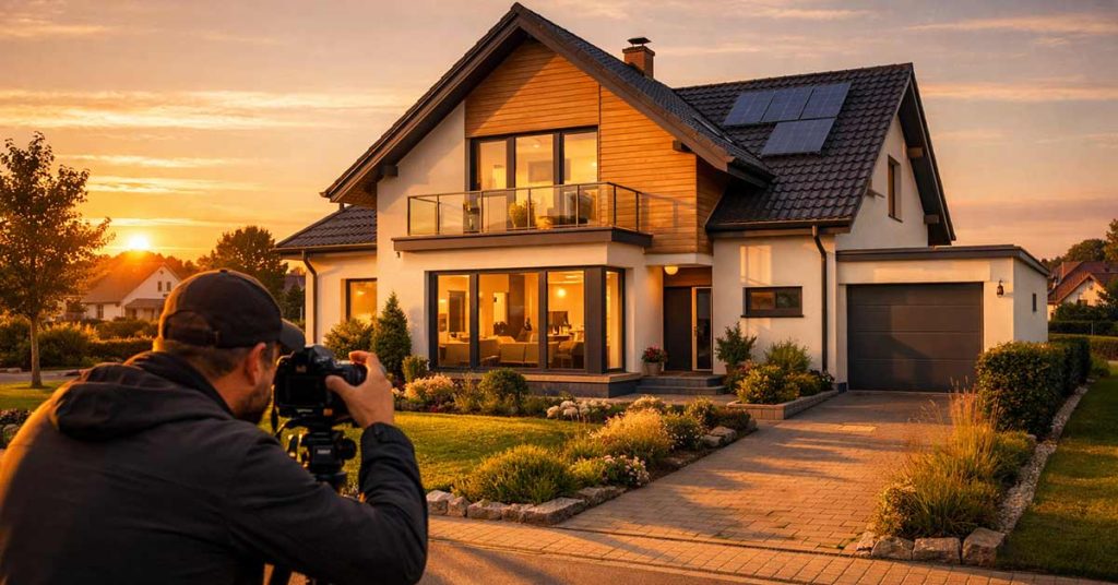 Außenaufnahme eines attraktiven, modern-klassischen Einfamilienhauses bei warmem Sonnenuntergang, sanftes goldenes Licht, langer Schattenwurf, gepflegter Vorgarten, im Vordergrund ein professioneller Fotograf mit Kamera auf Stativ, der das Haus fotografiert, hochwertige Architektur, ruhige Wohngegend, stimmungsvolle Abendatmosphäre, realistisch, detailreich, leicht erhöhte Perspektive, harmonische Bildkomposition - als Symbolbild für Immobilienpräsentation beim Verkauf | Immobilienverkauf