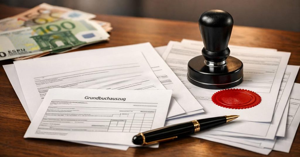 Realistische, hochwertige Fotomontage für ein Immobilien-Beitragsbild: Auf einem Schreibtisch liegen ein Immobilienkaufvertrag, ein Grundbuchauszug und mehrere offizielle Dokumente. Daneben ein Notarstempel mit rotem Siegelabdruck, ein Füller und dezente Euro-Scheine im Hintergrund. Das Motiv wirkt seriös, modern und professionell, mit warmem Licht und unscharfem Hintergrund. Thema: Kaufnebenkosten beim Immobilienkauf, Notar- und Grundbuchkosten. Kein Text im Bild, geeignet als Titelbild für einen Ratgeberartikel. | Immobilienkauf