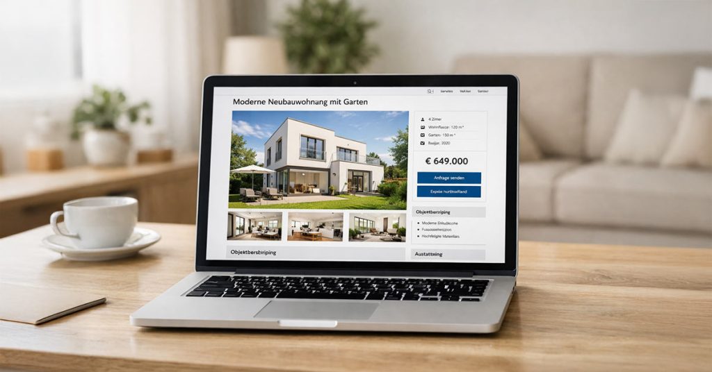 Moderne, helle Wohnimmobilie auf dem Bildschirm eines Laptops, dargestellt ist ein professionelles Immobilienportal mit ansprechendem Exposé, klaren Fotos und Preisangabe. Im Vordergrund dezente, neutrale Farben, im Hintergrund ein aufgeräumtes, modernes Wohnambiente. Hochwertiger, realistischer Fotostil, natürliche Lichtstimmung | Immobilienverkauf