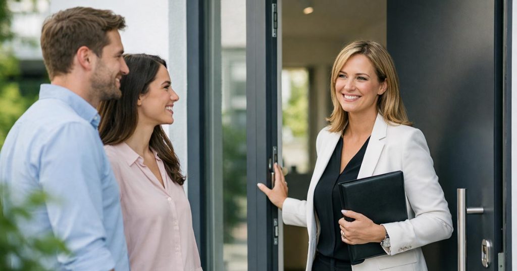 Immobilienmaklerin öffnet die Haustür eines modernen Hauses für ein junges Paar - Symbolbild für Makleralleinauftrag | Makleralleinauftrag